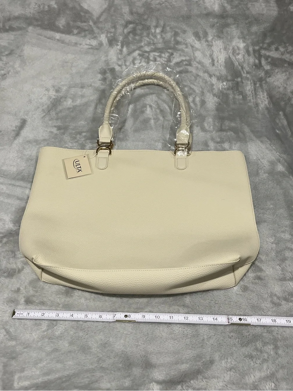 Ulta Beauty Classic Minimalist Cream Faux Leather Work Tote Bag NWT